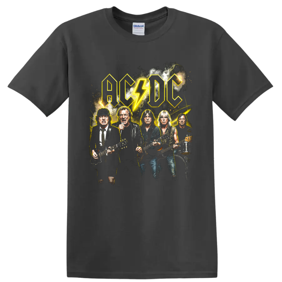 AC/DC hard rock band graphic with lightning bolt and musicians on a Charcoal T Shirt