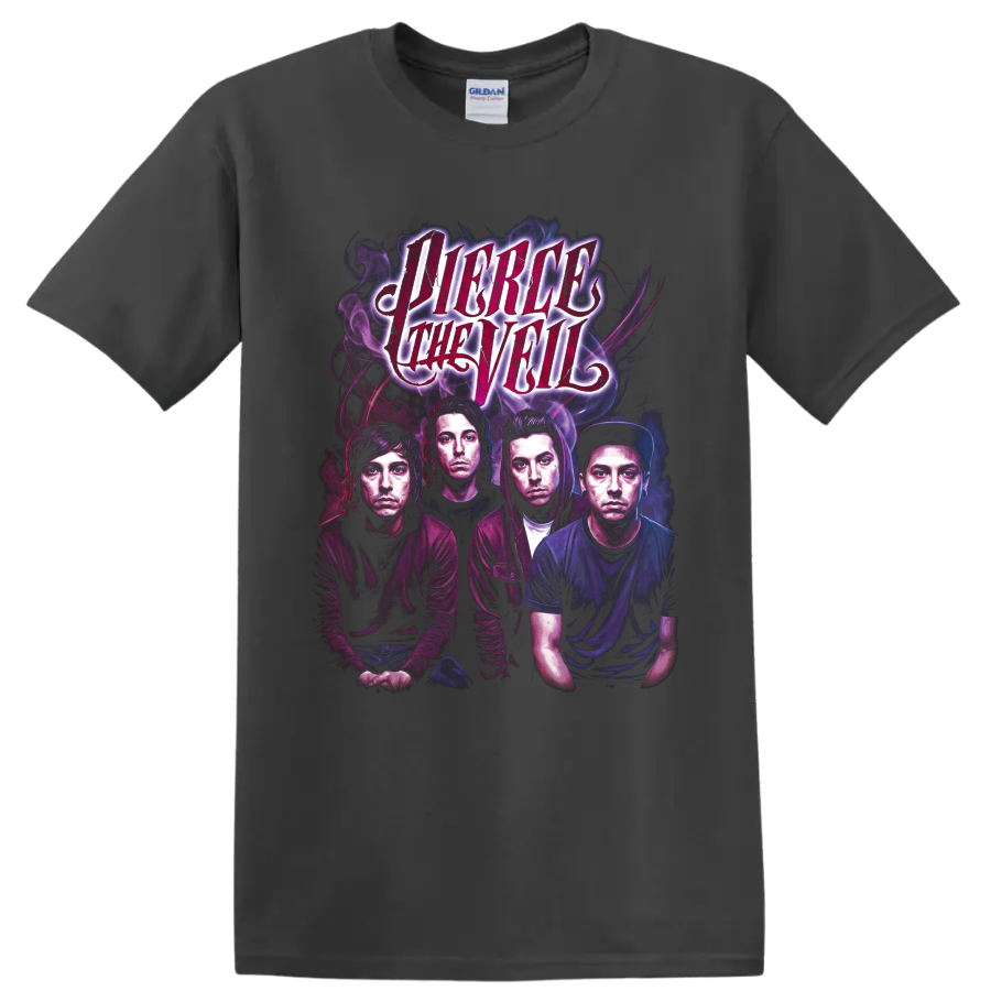 Pierce the Veil post-hardcore band portrait graphic with distressed lettering on a Charcoal T Shirt