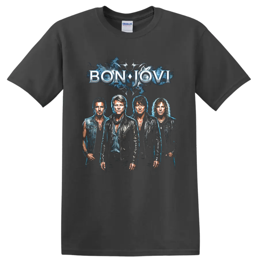 Bon Jovi band portrait graphic with blue smoke and bold logo on a Charcoal T Shirt