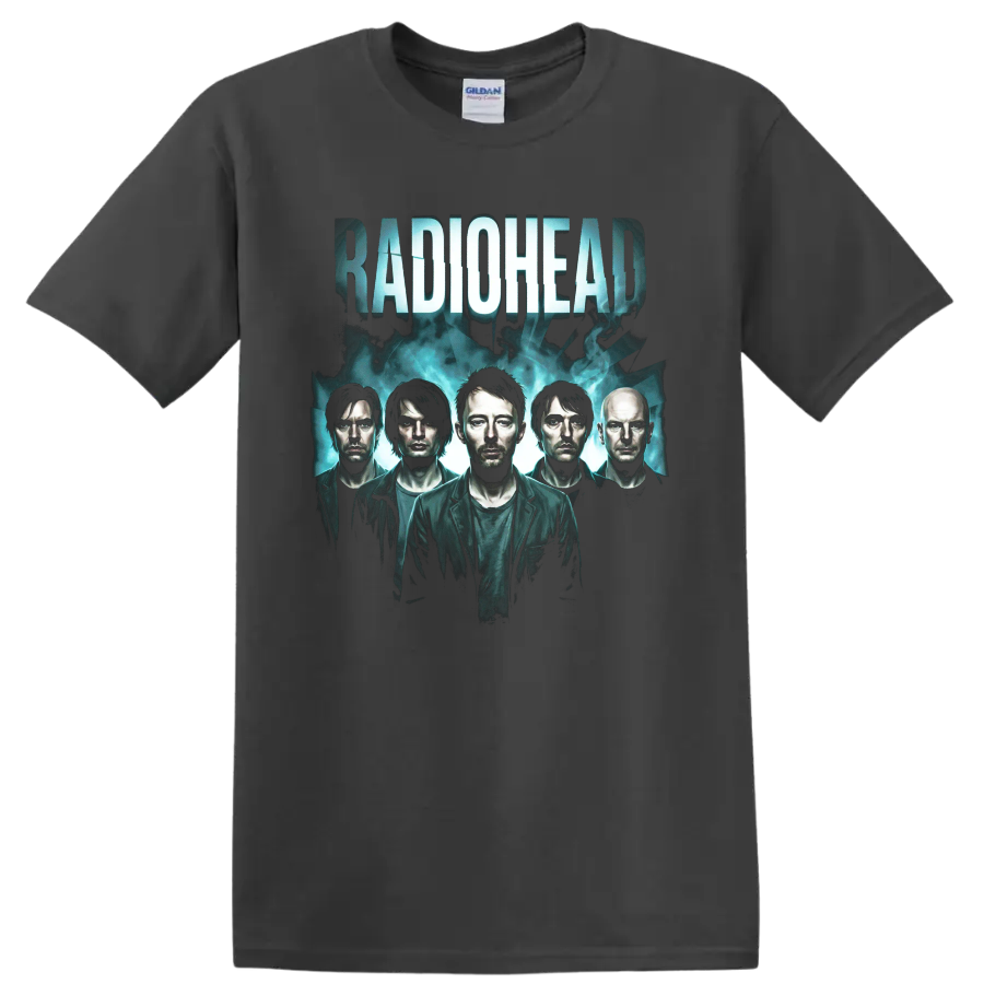 Radiohead alternative rock band portrait with distressed lettering on a Charcoal T Shirt