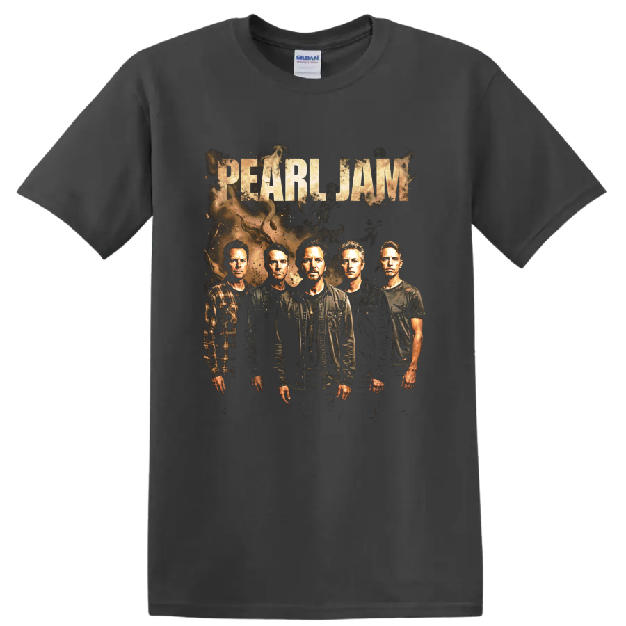 Pearl Jam band portrait with distressed lettering and grunge textures on a Charcoal T Shirt