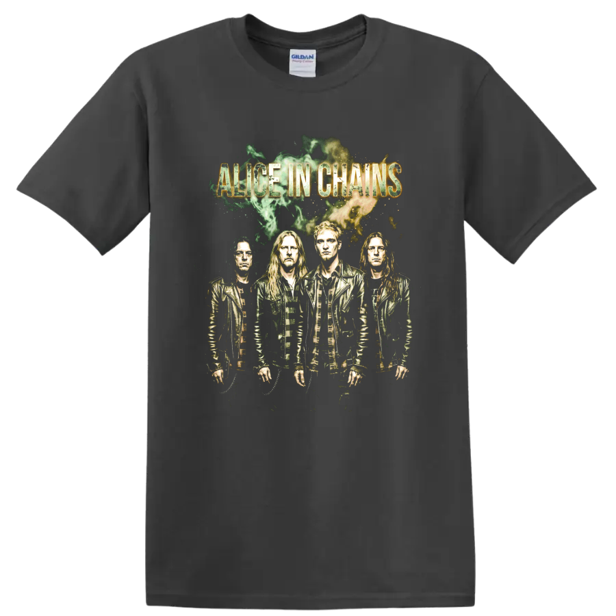 Alice in Chains grunge band poster graphic with four portraits on a Charcoal T Shirt
