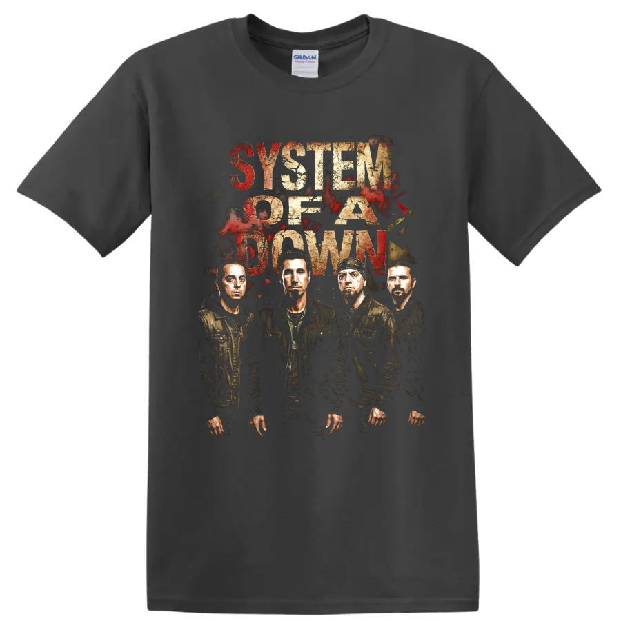 System of a Down distressed rock band portrait with bold lettering on a Charcoal T Shirt
