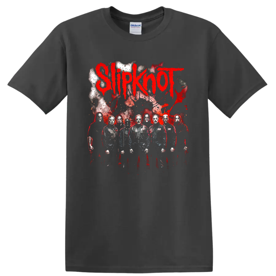 Slipknot logo with masked band members in a distressed red and black graphic on a Charcoal T Shirt