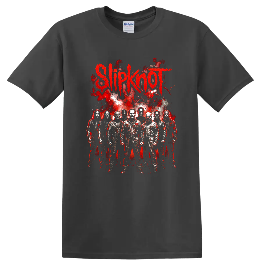 Slipknot masked metal band members with red horror-style graphic on a Charcoal T Shirt