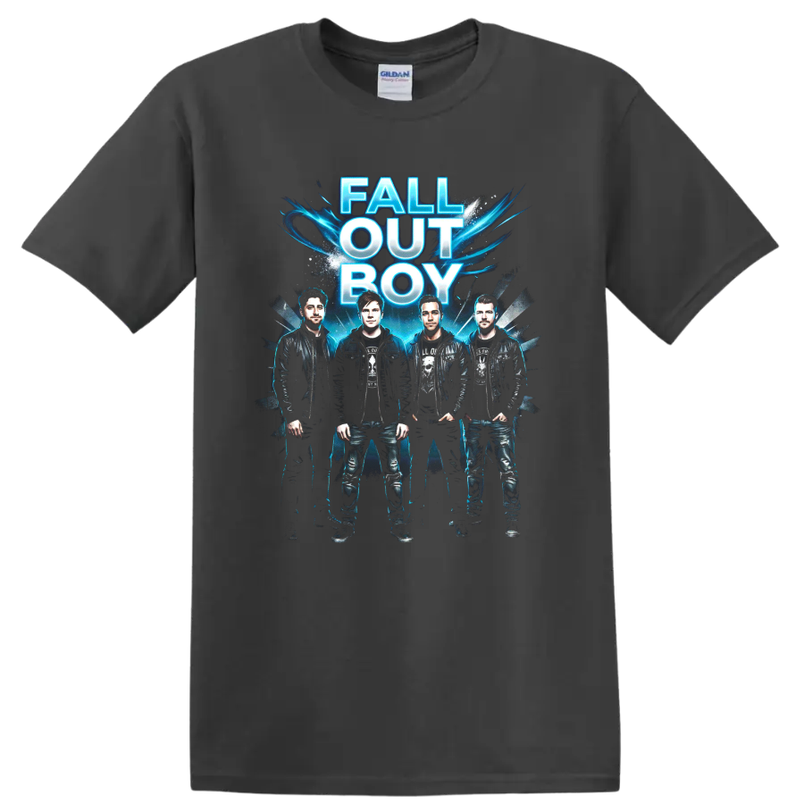 Fall Out Boy vintage emo rock poster graphic with blue lettering on a Charcoal T Shirt
