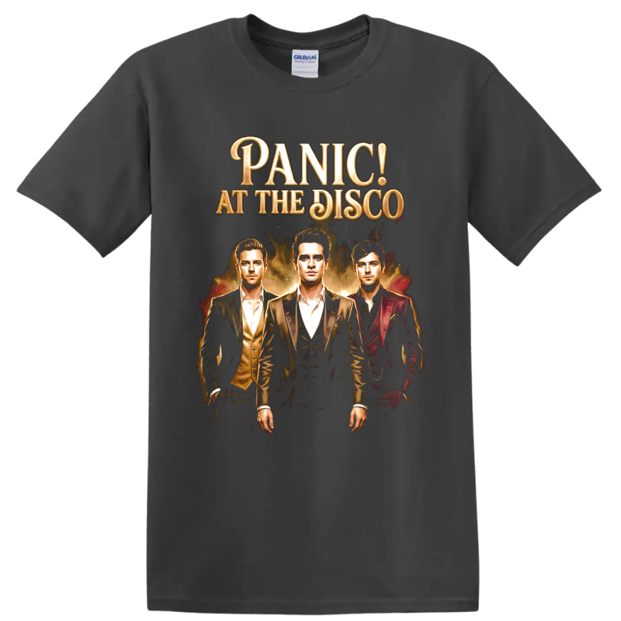 Panic! at the Disco vintage portrait graphic with ornate gold lettering on a Charcoal T Shirt