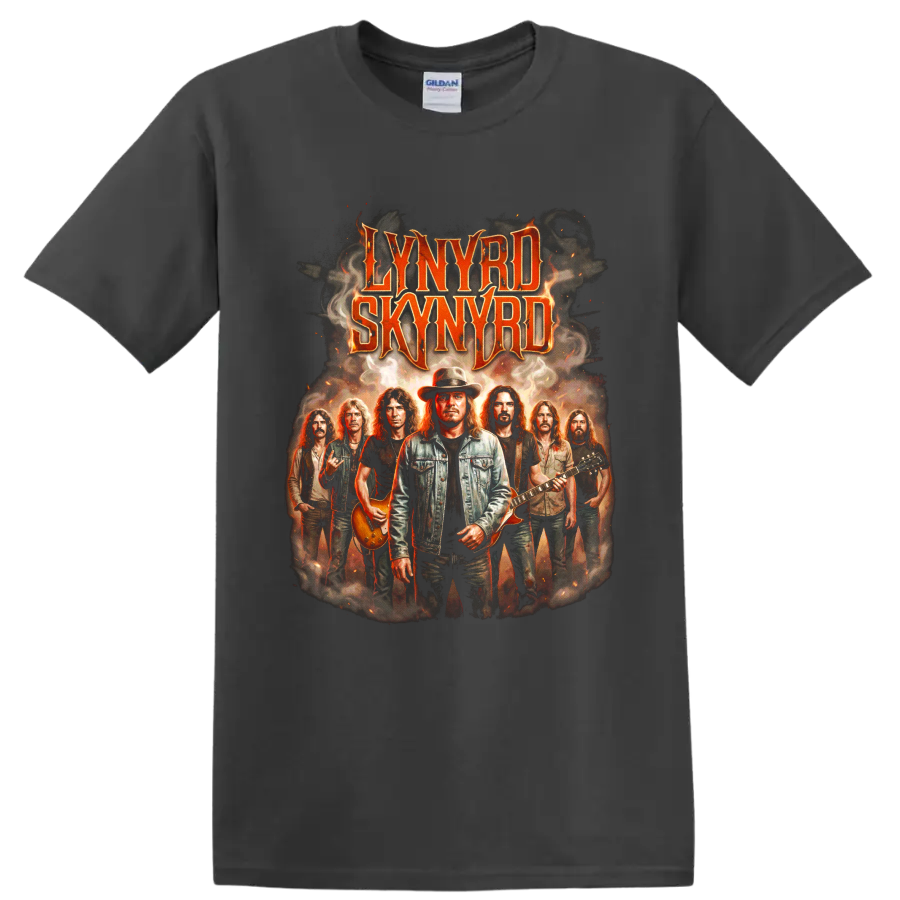 Lynyrd Skynyrd band lineup vintage rock poster graphic with guitars on a Charcoal T Shirt