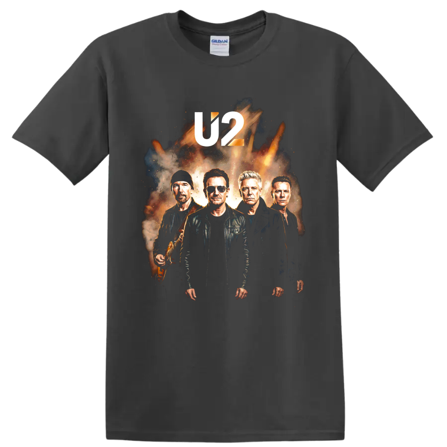 U2 Bono rock band portrait graphic with bold U2 lettering on a Charcoal T Shirt