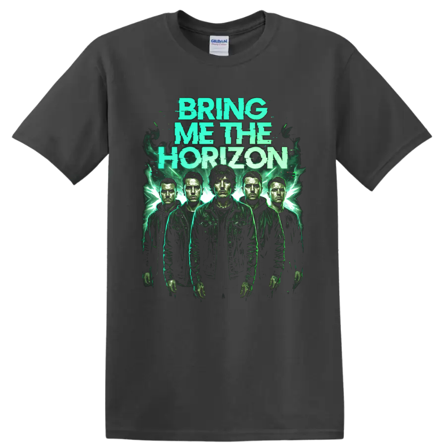 Bring Me the Horizon distressed green rock band portrait graphic on a Charcoal T Shirt