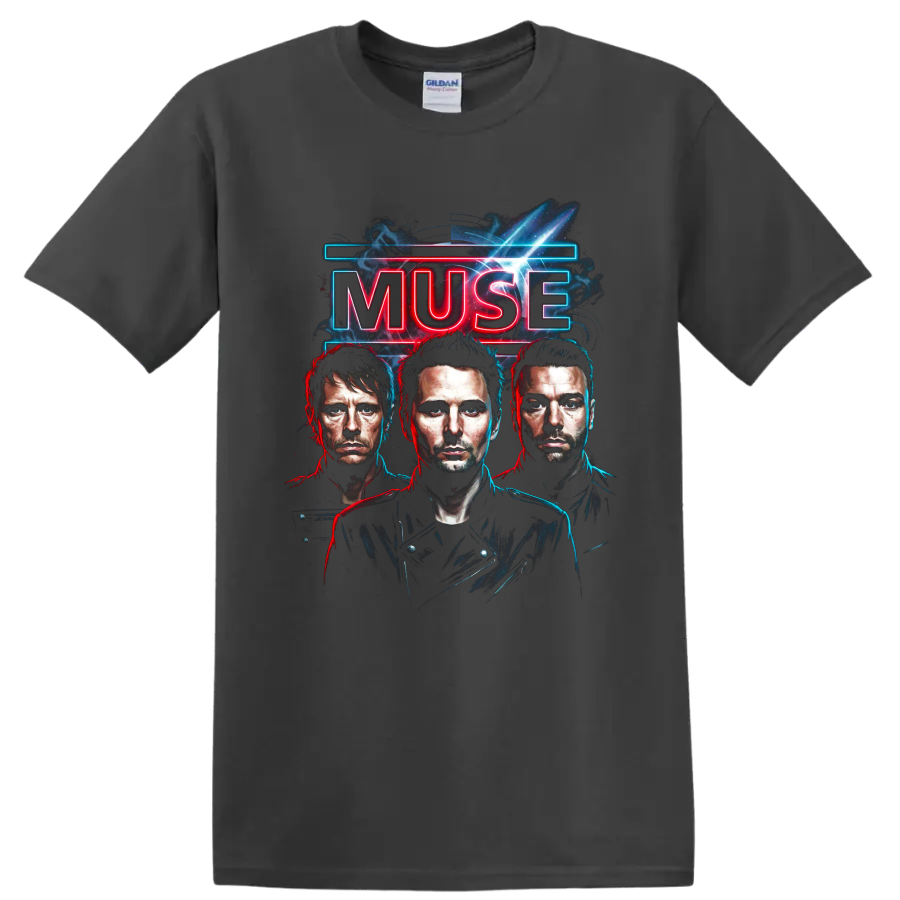 Muse neon rock band poster with three illustrated portraits on a Charcoal T Shirt