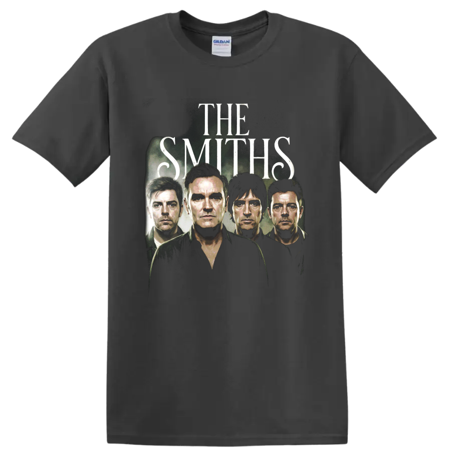 The Smiths brutalist alternative rock poster with four band portraits on a Charcoal T Shirt