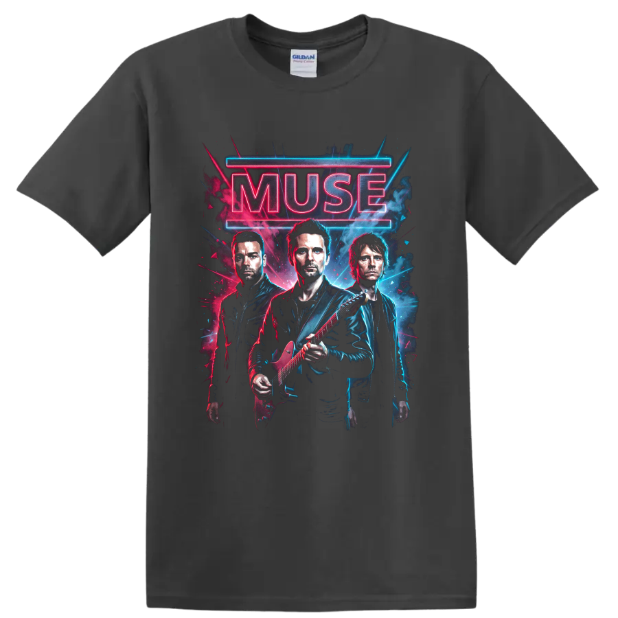 Muse neon rock band portrait with electric guitar and glowing lettering on a Charcoal T Shirt