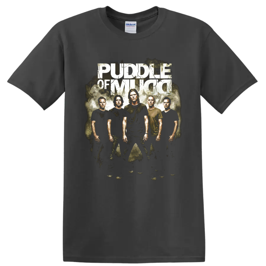 Puddle of Mudd grunge band portrait graphic with distressed lettering on a Charcoal T Shirt