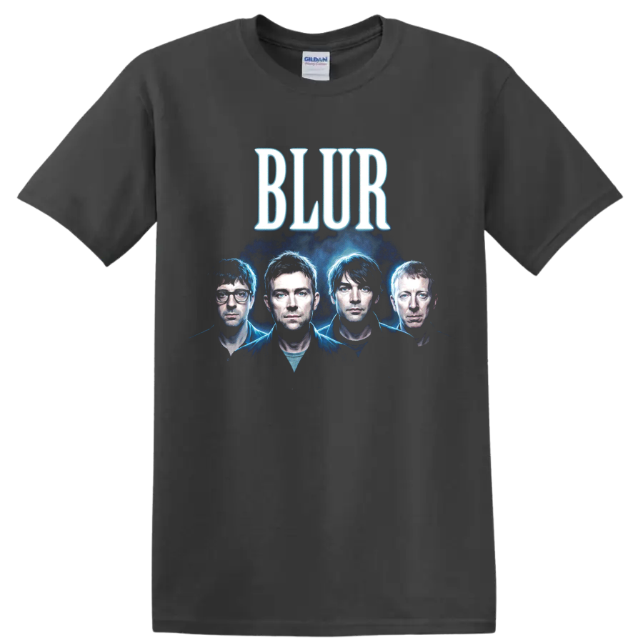 Blur Britpop band four-member blue portrait with bold BLUR lettering on a Charcoal T Shirt