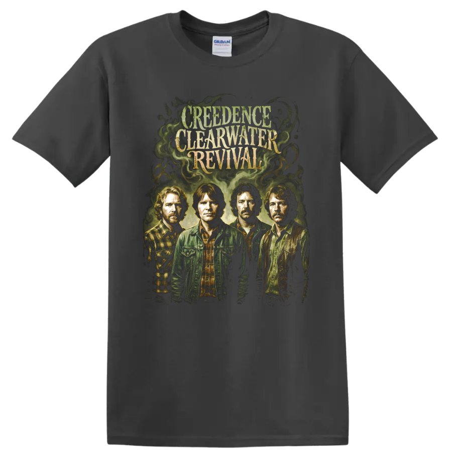 Creedence Clearwater Revival vintage band portrait graphic with distressed lettering on a Charcoal T Shirt