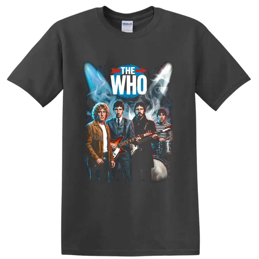 The Who John Entwistle rock band graphic with guitars, bass, and drums on a Charcoal T Shirt