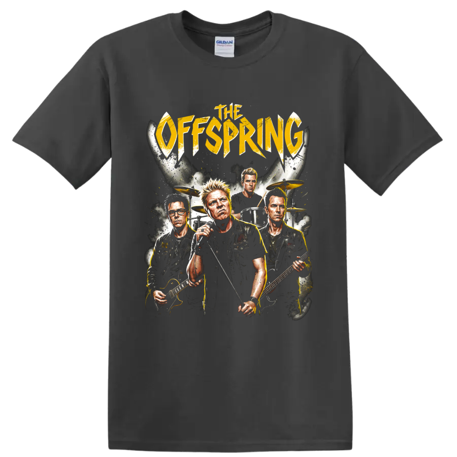 The Offspring punk rock band portrait graphic with distressed gold lettering on a Charcoal T Shirt