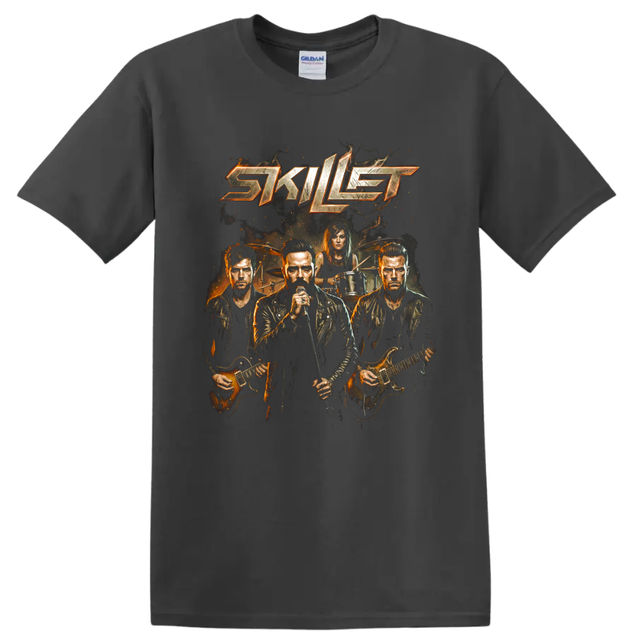 Skillet band logo graphic with vocalist, guitarists, and drummer on a Charcoal T Shirt