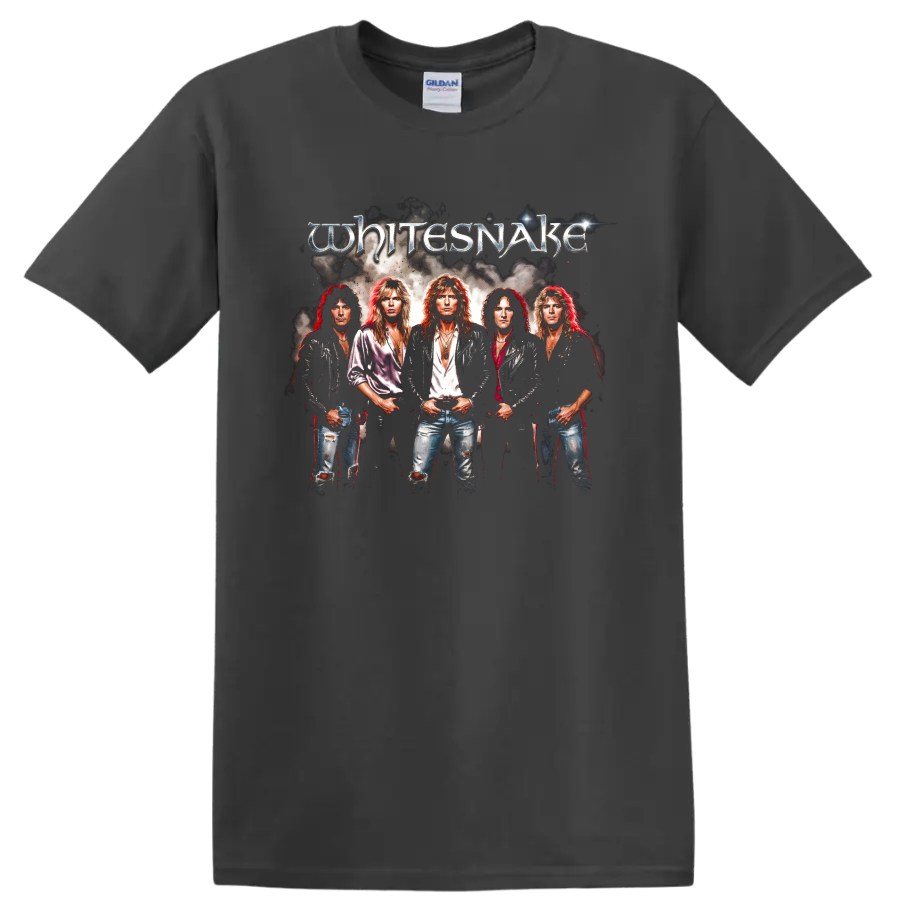 Whitesnake 1987 hard rock band portrait with metallic logo graphic on a Charcoal T Shirt