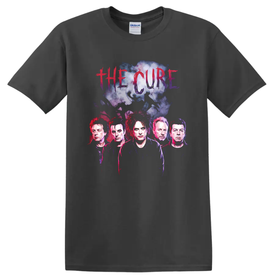 The Cure post-punk band graphic with five portraits and distressed lettering on a Charcoal T Shirt