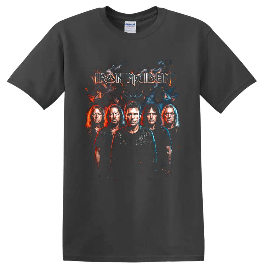 Iron Maiden band portrait with smoky fire effects and angular lettering on a Charcoal T Shirt