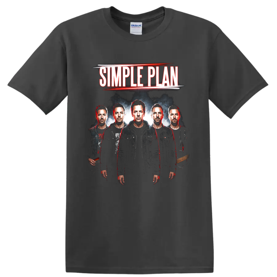 Simple Plan band members pop punk portrait with bold lettering on a Charcoal T Shirt