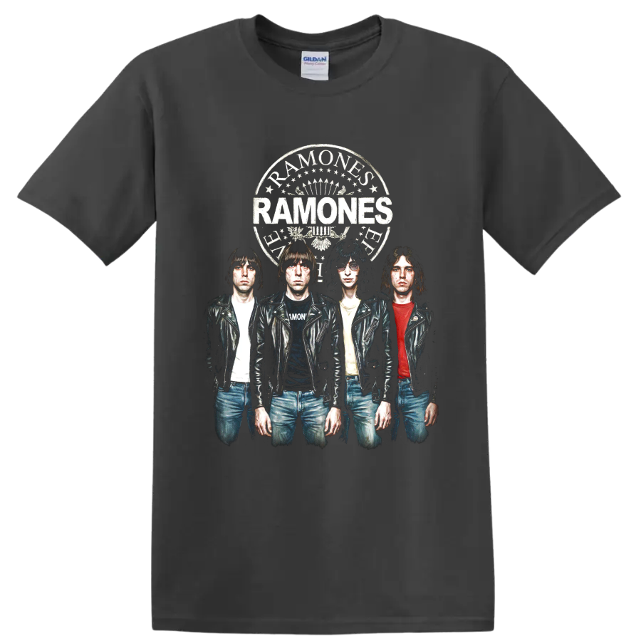 Ramones punk rock band portrait with distressed vintage crest on a Charcoal T Shirt