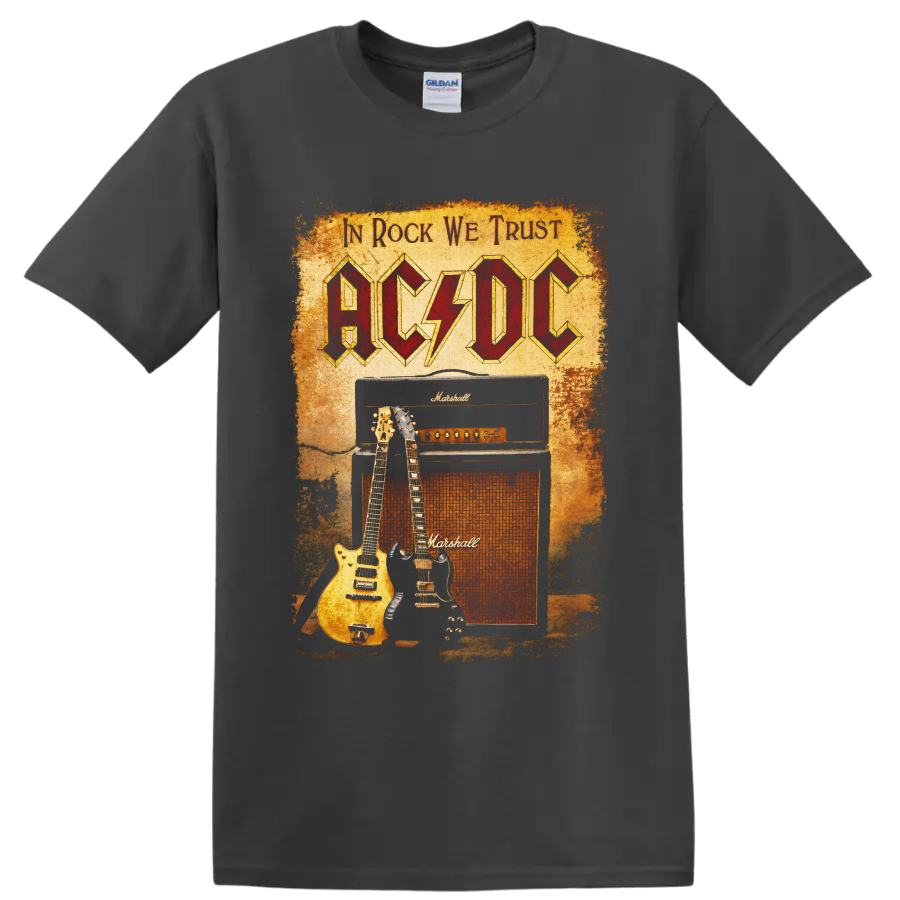 AC/DC vintage rock graphic with guitars and Marshall amplifier on a Charcoal T Shirt