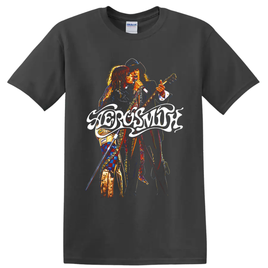 Aerosmith rock concert graphic with singer, guitarist, and flowing logo on a Charcoal T Shirt
