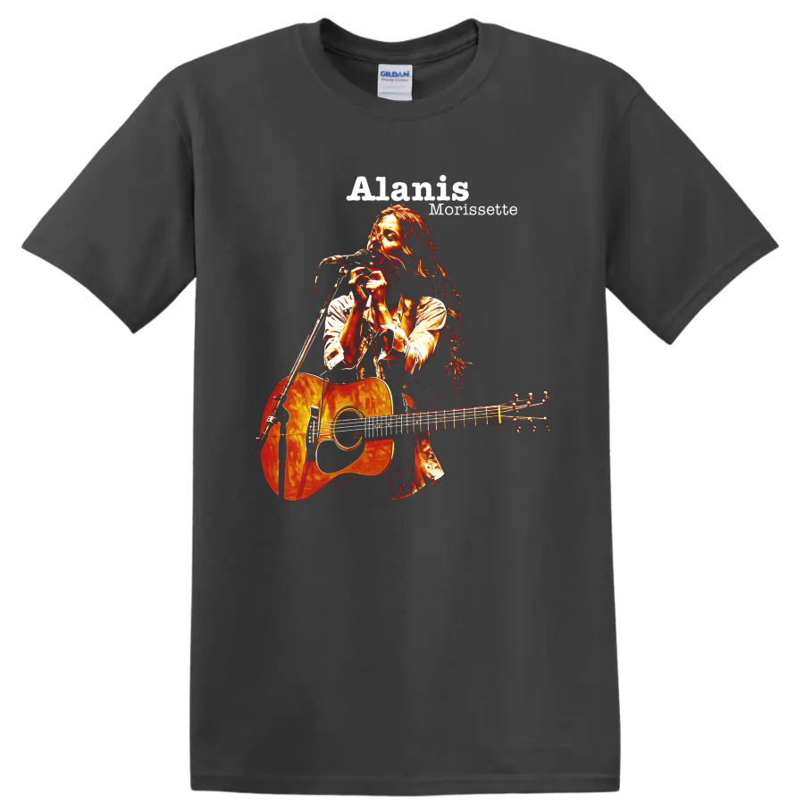 Alanis Morissette singing with acoustic guitar, distressed rock graphic on a Charcoal T Shirt
