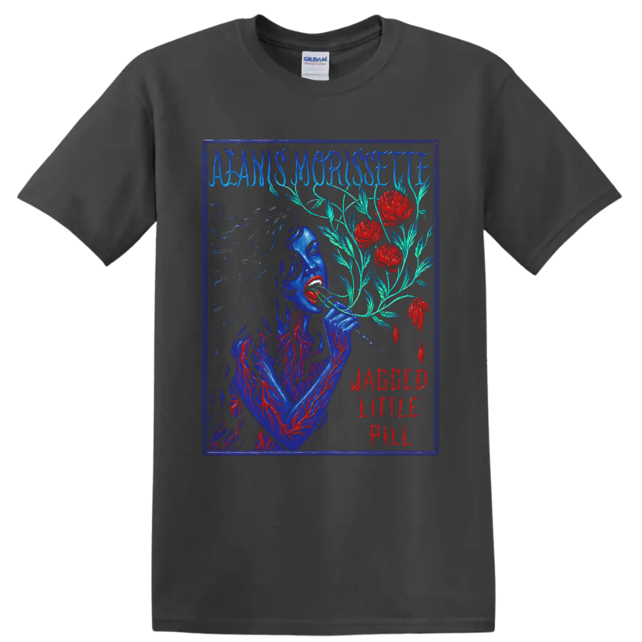 Alanis Morissette Jagged Little Pill distressed floral rock graphic on a Charcoal T Shirt