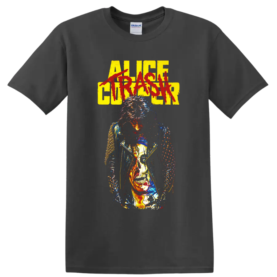 Alice Cooper gothic rock portrait with distressed lettering and skull graphic on a Charcoal T Shirt