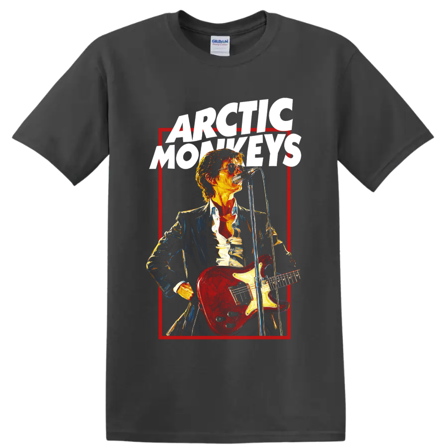 Arctic Monkeys guitarist graphic with red electric guitar and microphone on a Charcoal T Shirt
