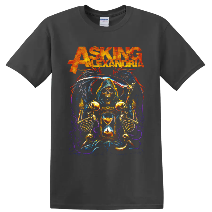 Asking Alexandria grim reaper hourglass metalcore graphic on a Charcoal T Shirt