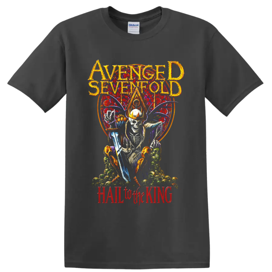 Avenged Sevenfold crowned skeleton gothic metal artwork with Hail to the King text on a Charcoal T Shirt