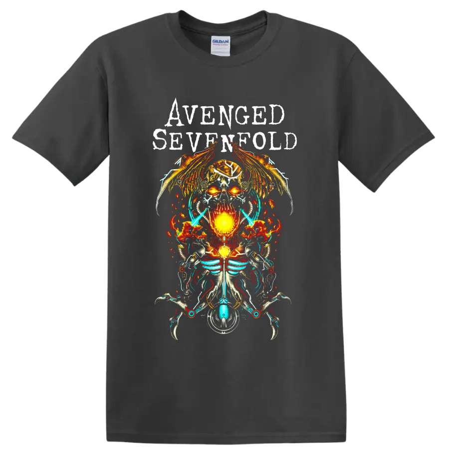 Avenged Sevenfold fiery cyborg skull metal graphic on a Charcoal T Shirt