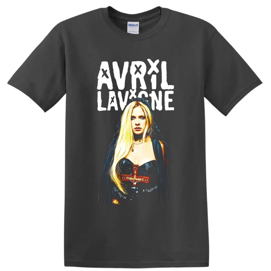 Avril Lavigne gothic portrait graphic with red cross and distressed lettering on a Charcoal T Shirt