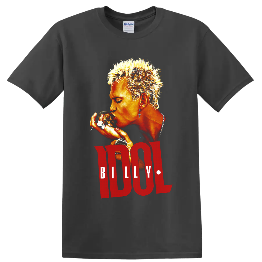 Billy Idol punk rock portrait graphic with bold red lettering on a Charcoal T Shirt