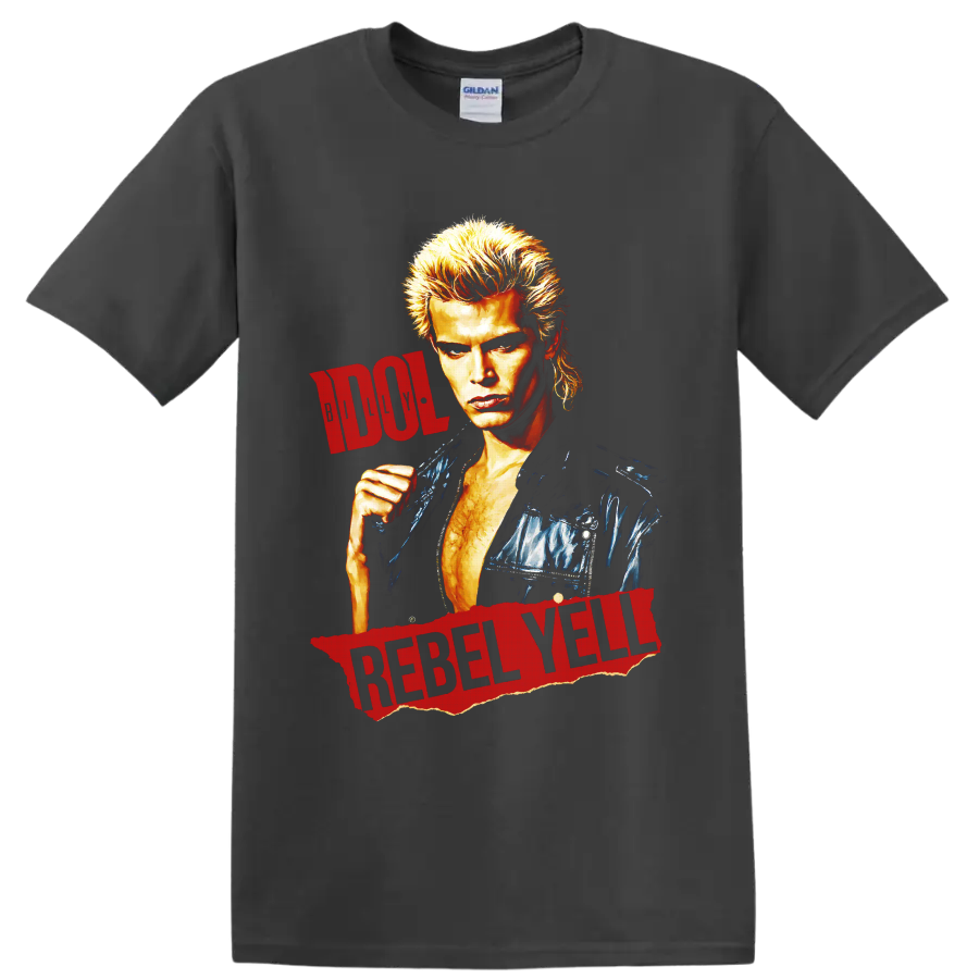 Billy Idol portrait with distressed red Rebel Yell lettering on a Charcoal T Shirt