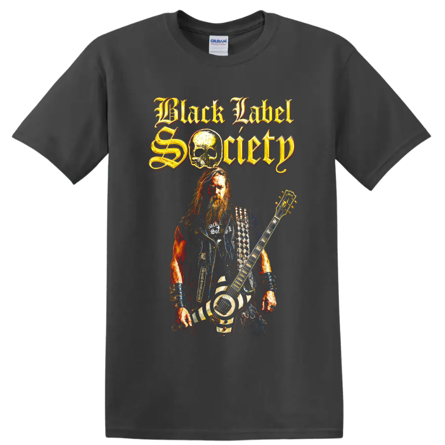 Black Label Society guitarist and skull heavy metal graphic with gothic lettering on a Charcoal T Shirt