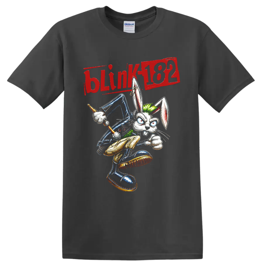 Blink-182 rabbit drummer punk rock cartoon graphic with distressed lettering on a Charcoal T Shirt