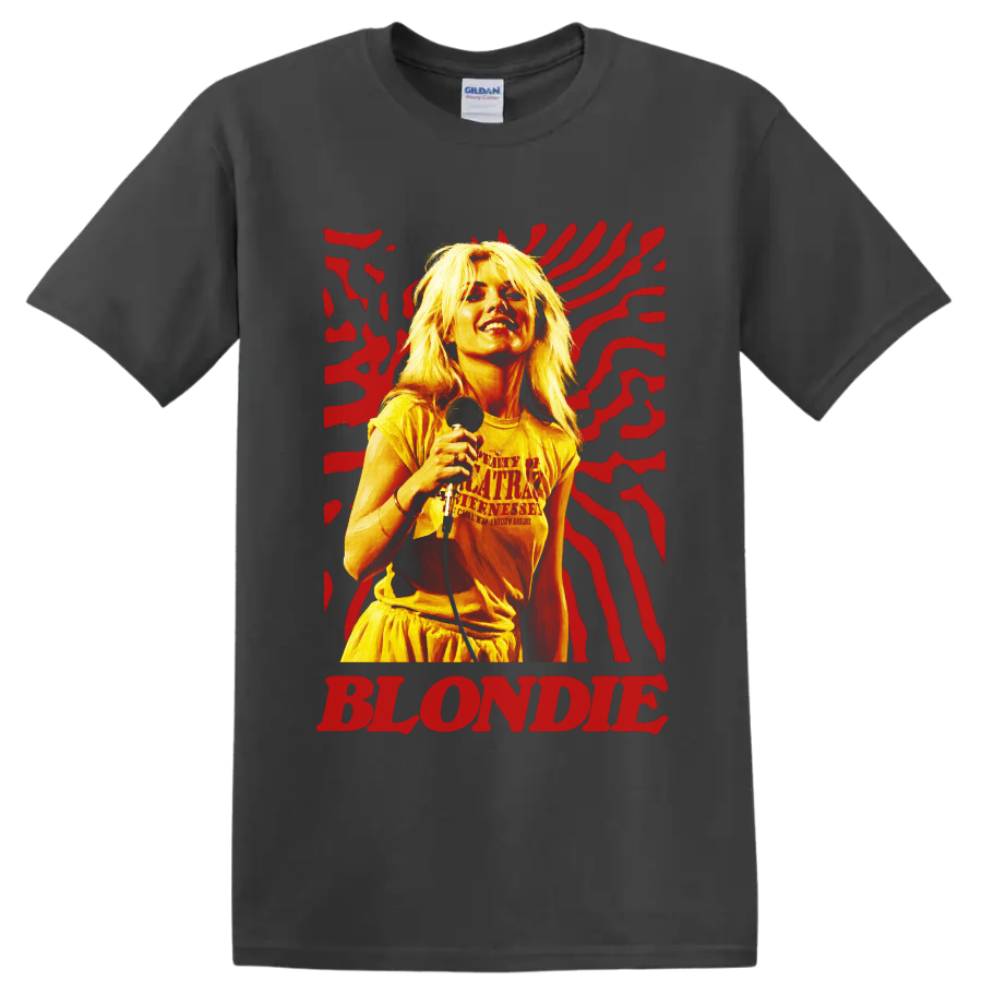 Blondie singer with microphone and red graphic stripes on a Charcoal T Shirt