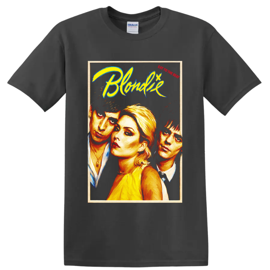 Blondie rock band portrait graphic with bold retro lettering on a Charcoal T Shirt