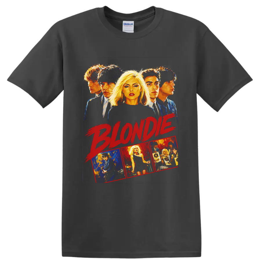 Blondie retro rock band portrait collage with bold red lettering on a Charcoal T Shirt