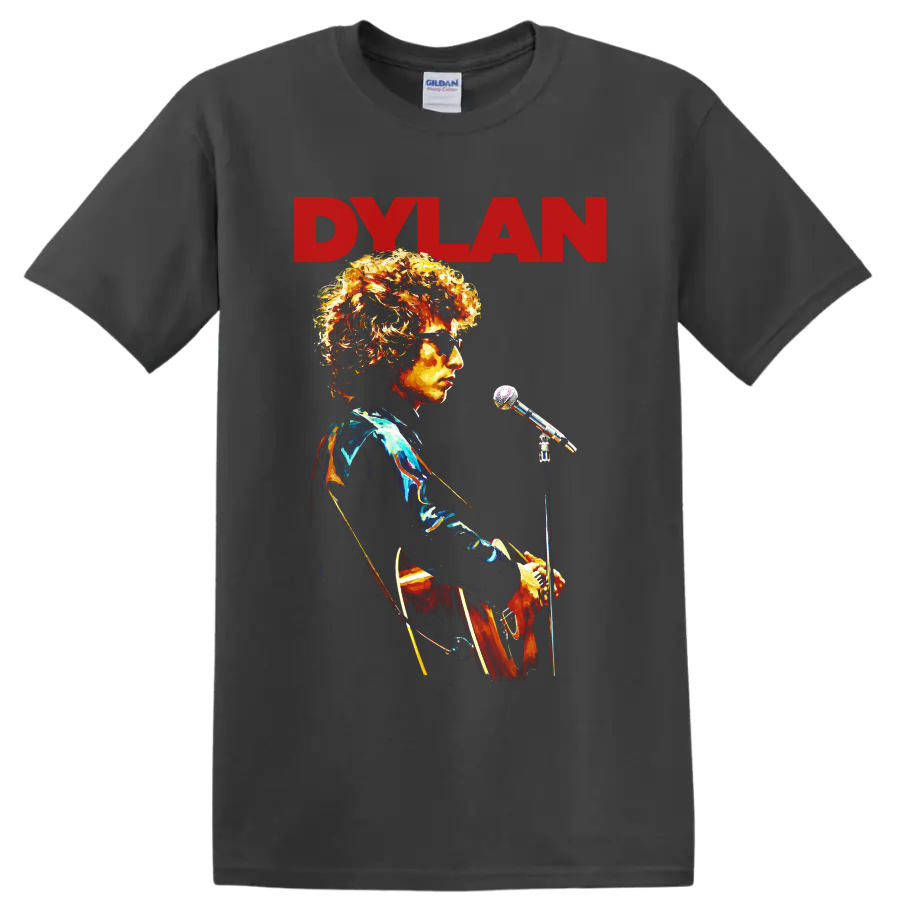 Bob Dylan folk rock performance portrait with DYLAN text on a Charcoal T Shirt