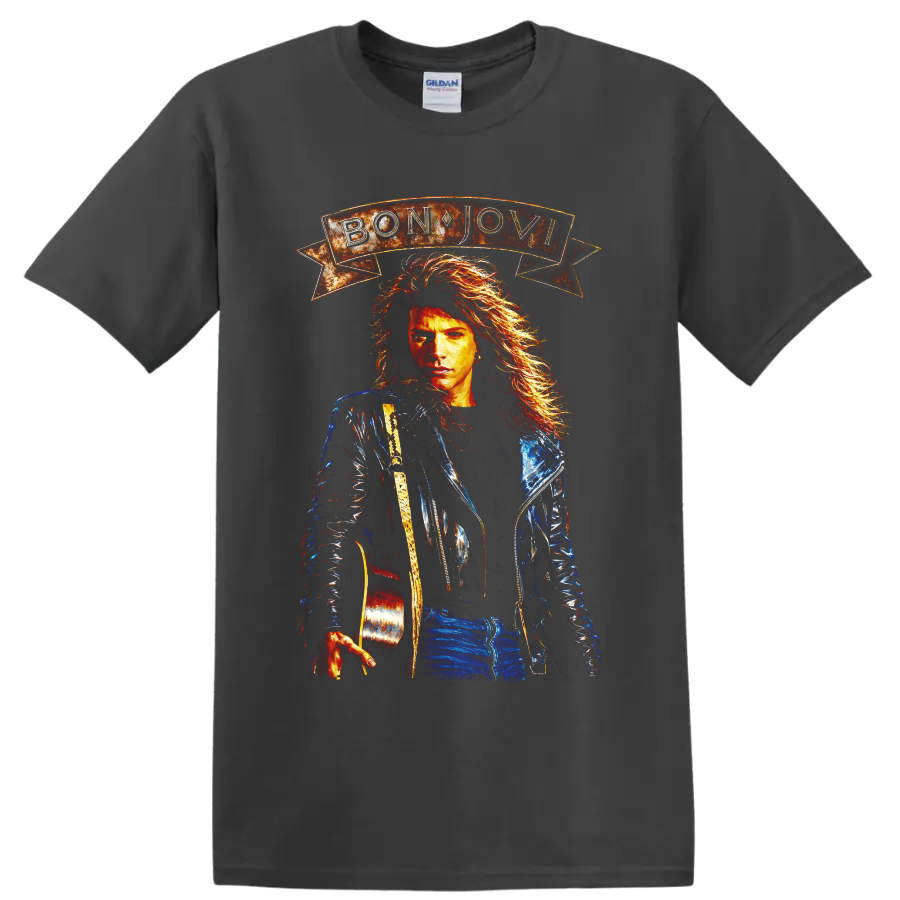 Bon Jovi guitarist portrait with banner and vintage rock artwork on a Charcoal T Shirt