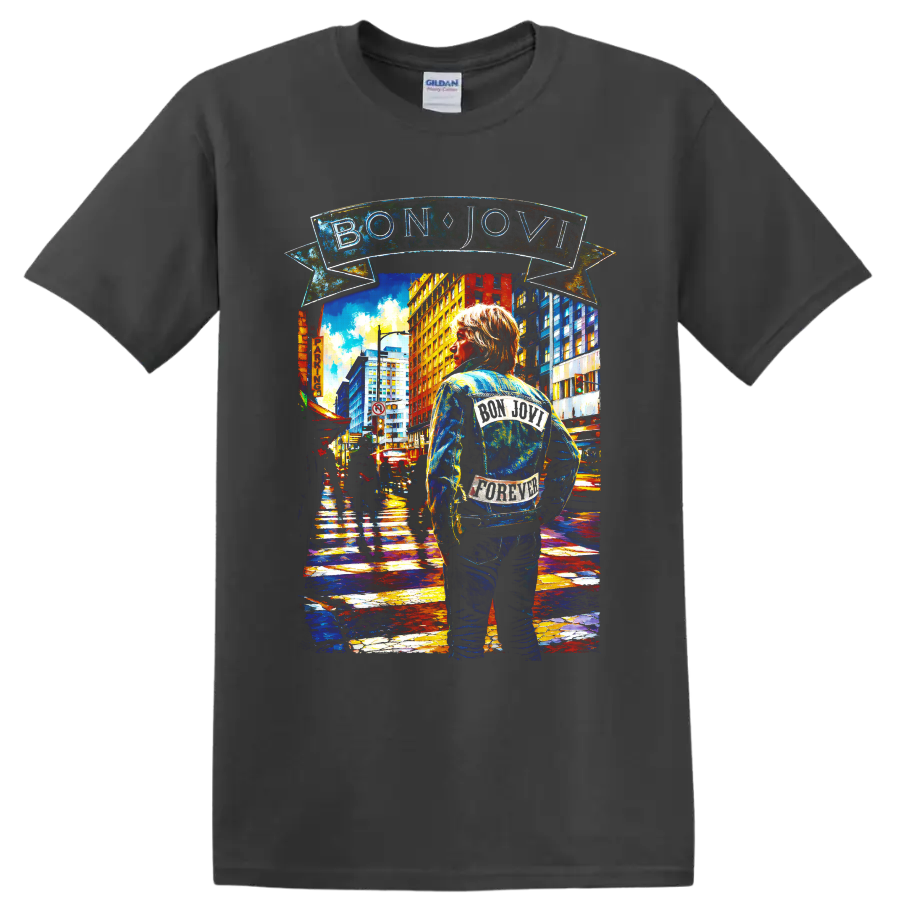 Bon Jovi urban street art design with BON JOVI banner and denim-jacketed figure on a Charcoal T Shirt
