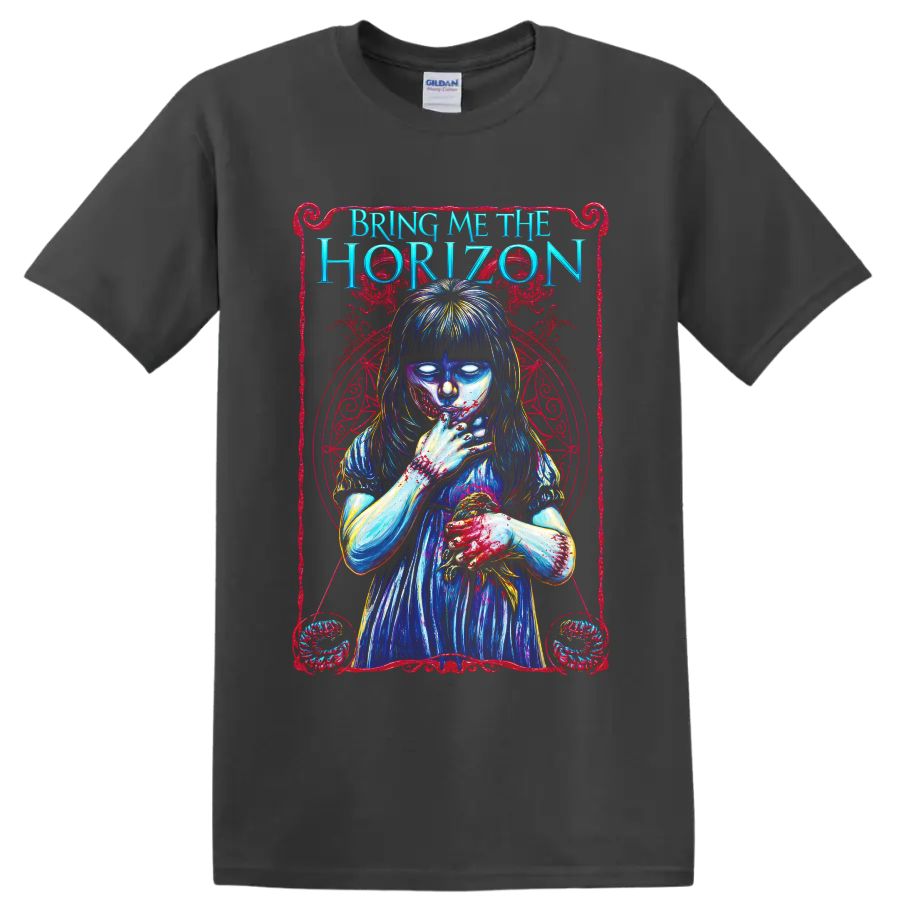Bring Me the Horizon gothic horror girl graphic with blue and red artwork on a Charcoal T Shirt