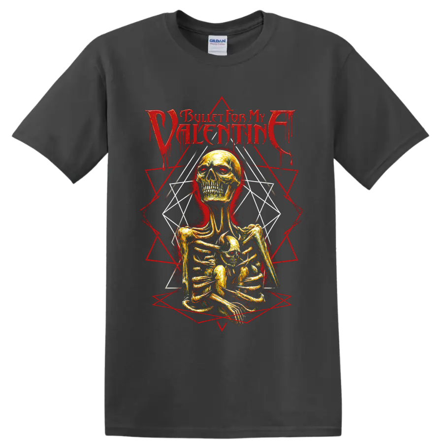 Bullet for My Valentine gothic skeleton graphic with red geometric linework on a Charcoal T Shirt